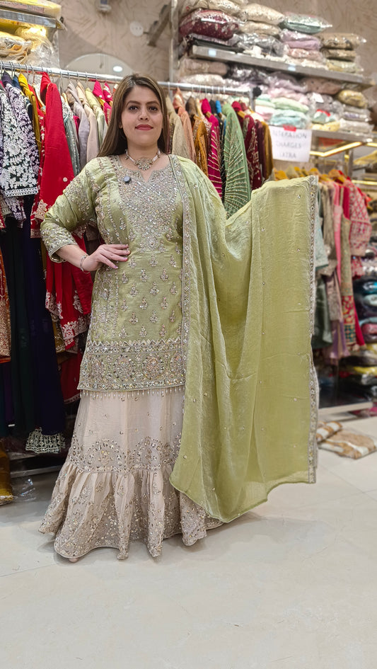 MEHNDI GREEN WITH IVORY FARSHI LEHENGA