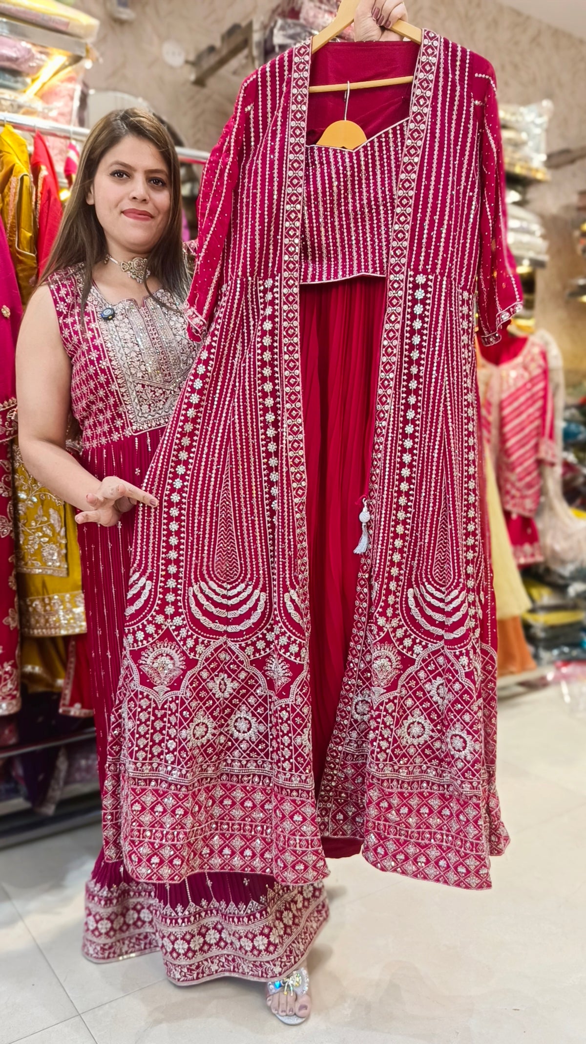 HOT PINK SHORT TOP WITH LEHENGA DESIGNER SHRUG DRESS