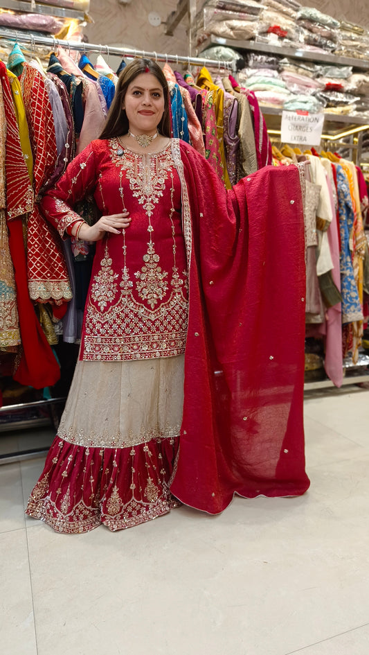 RED WITH IVORY FARSHI LEHENGA