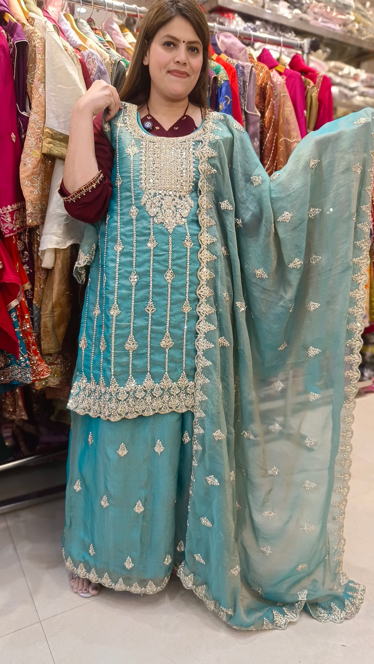 WEDDING WEAR HEAVY SILVER PEARL WORK SUIT