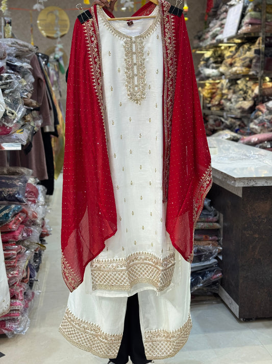 WHITE PURE CHINON WITH REDD DUPPTA 3PC SUIT