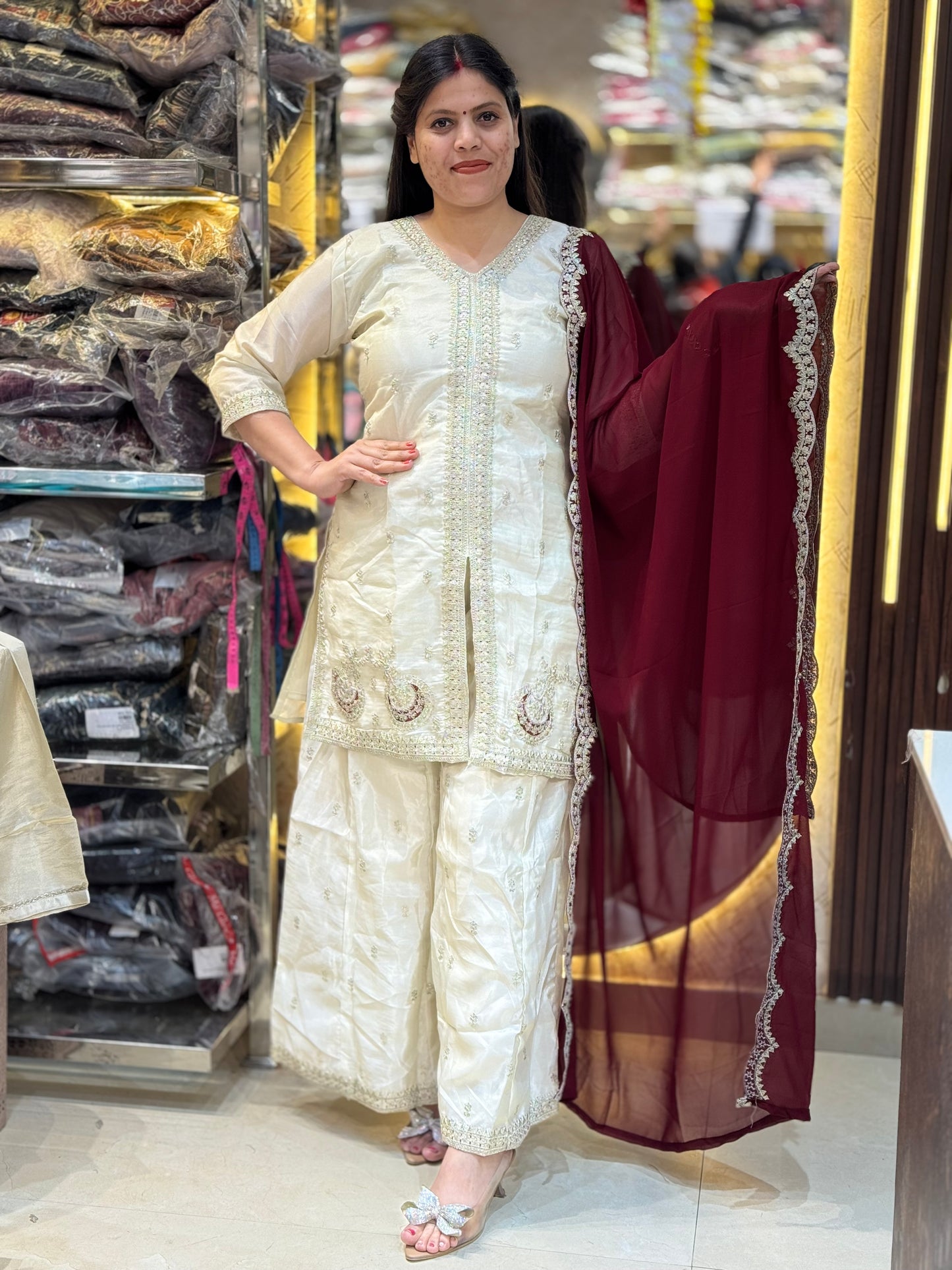 IVORY PREMIUM CHINON WITH MEHROON DUPPTA SUIT