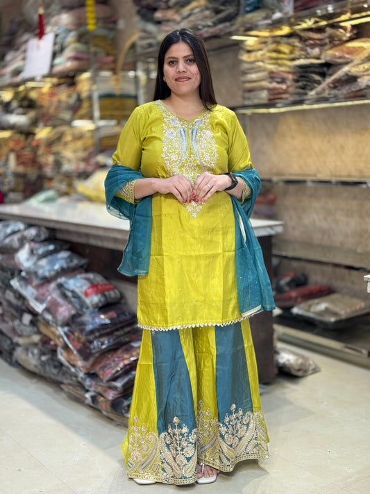 NEON WITH PEACOCK GREEN DUEL PURE CHINON FULL FLAIR JAFFA SUIT