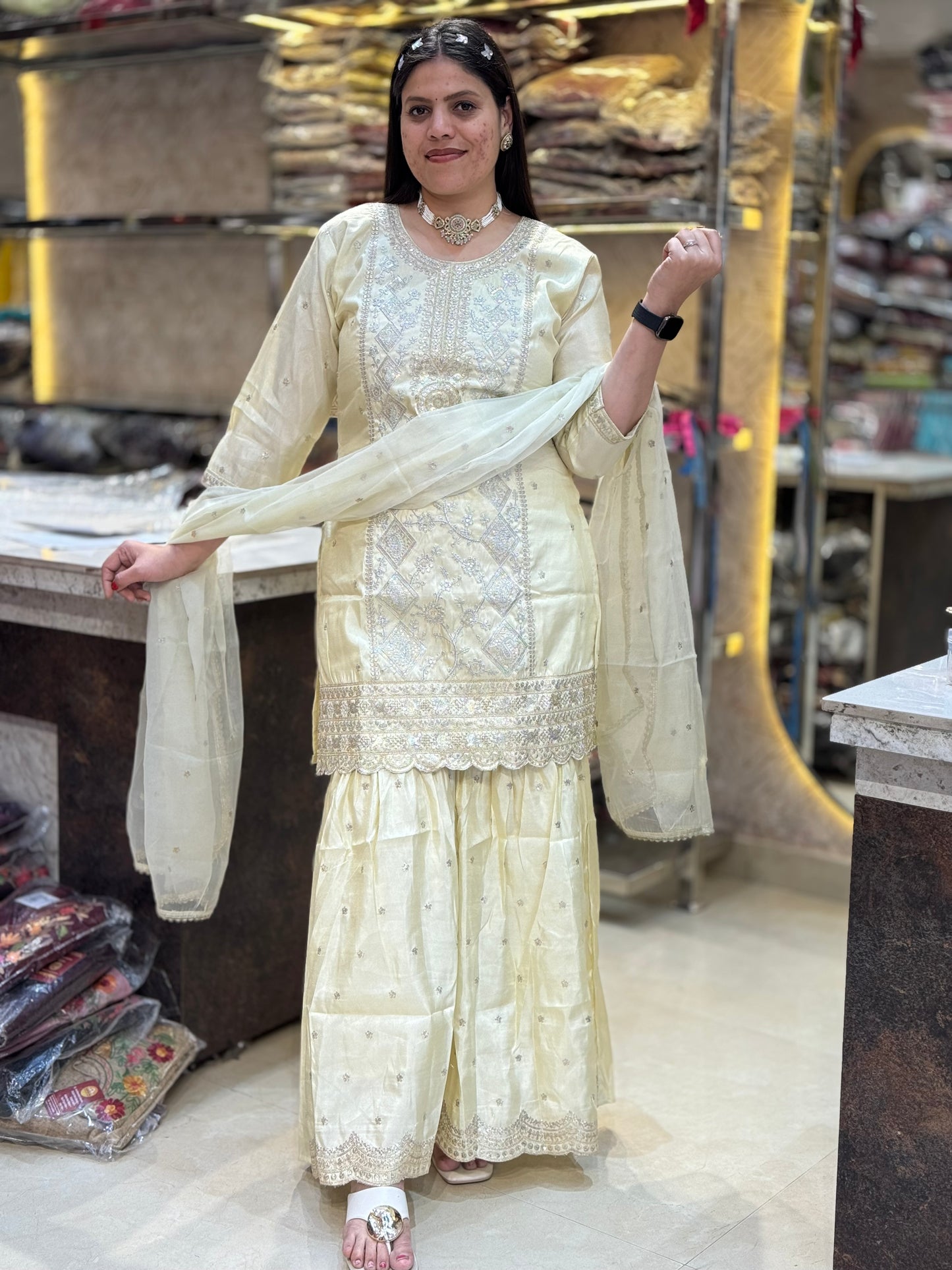 IVORY PREMIUM CHINON TILLA AND SIPI WORK SHRARA SUIT