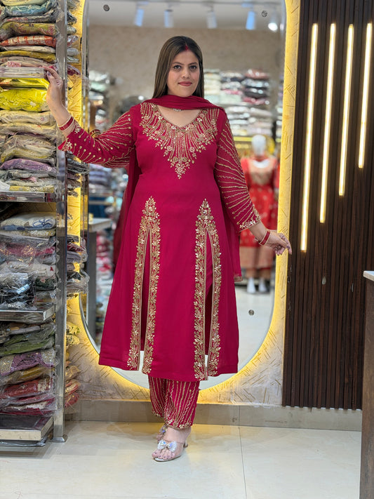 HOT PINK GOLDEN PEARL WORK SIDE CUT ANARKALI