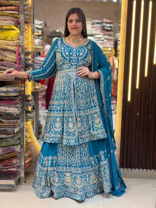 ORIGNAL MIRROR WORK PEMPLUM FRONT CUT DESIGN LEHENGA