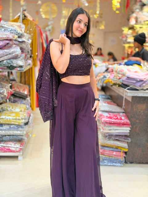 PARTY WEAR CROPE TOP WITH JAKET FULL FLAIR JAFFA