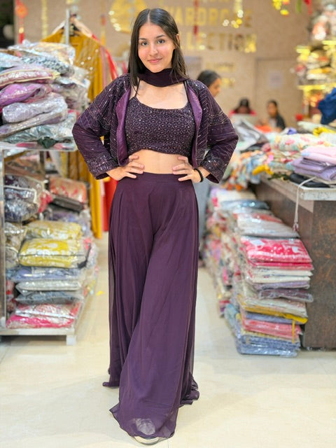 PARTY WEAR CROPE TOP WITH JAKET FULL FLAIR JAFFA