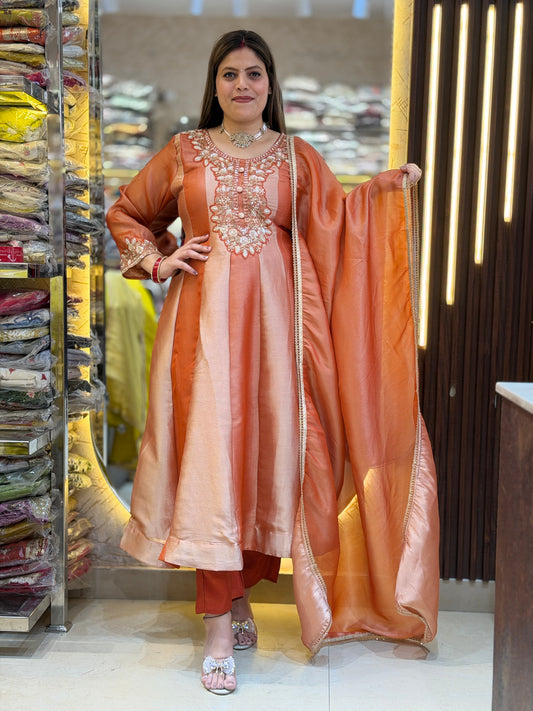 GIRAFFE SILK HANDWORK FULL FLAIR ANARKALI (RUST)
