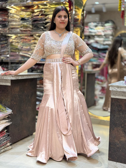 NUDE PINK SHORT TOP FULL PEARL WORK FISHCUT DESIGN LEHENGA