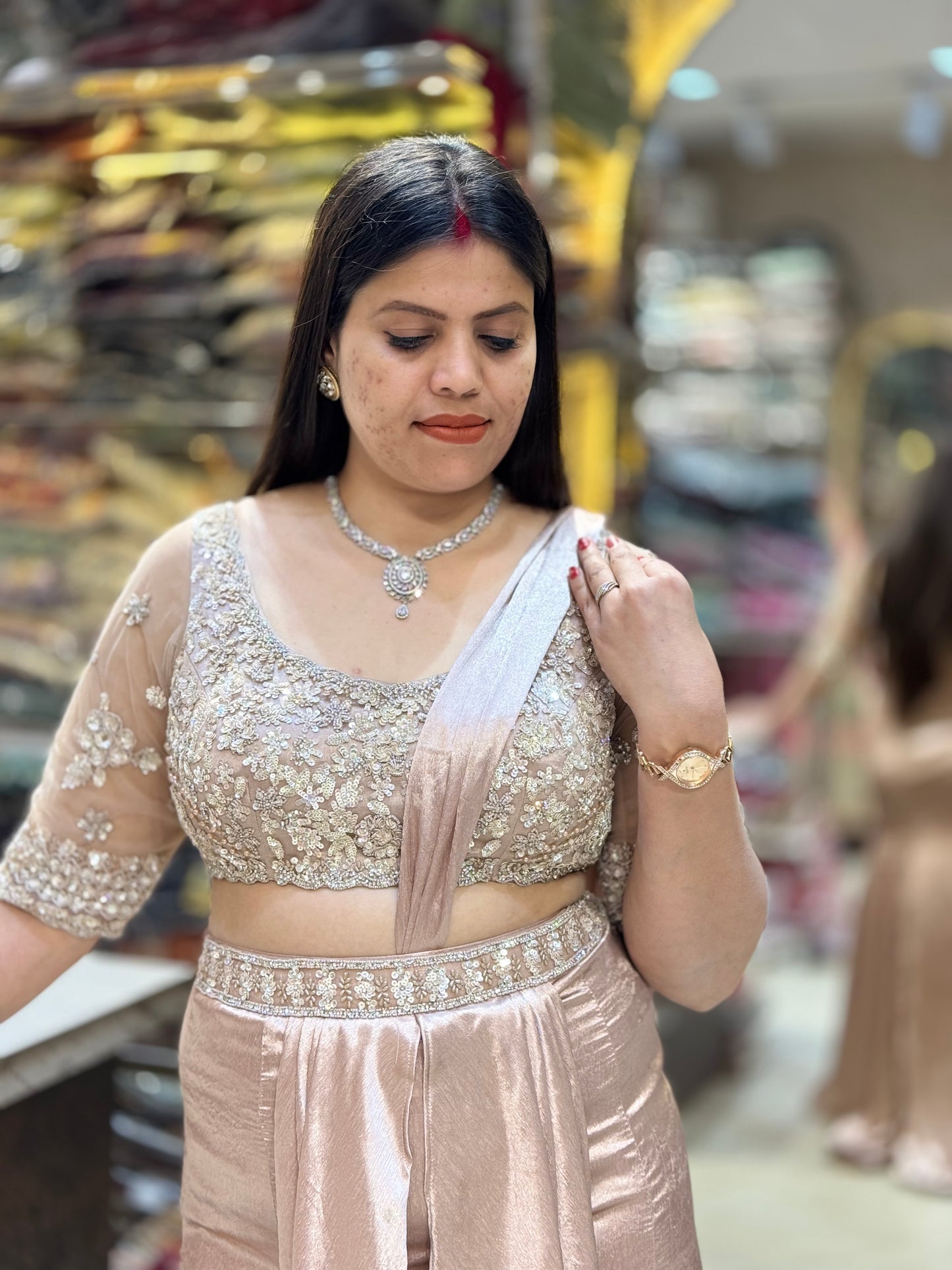 NUDE PINK SHORT TOP FULL PEARL WORK FISHCUT DESIGN LEHENGA