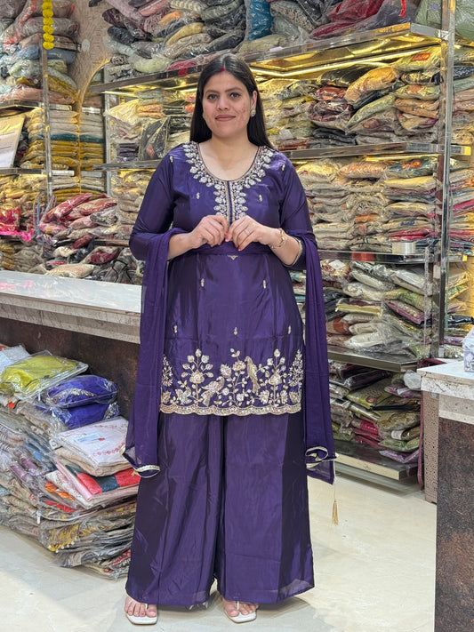 PURPLE PREMIUM SILK FULL TILLA WORK PLAZZO SUIT