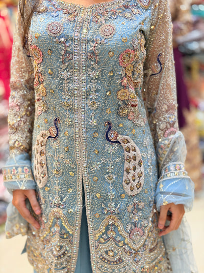 PEACOCK DESIGN FRONT CUT PEASTAL COLOURED JAFFA SUIT