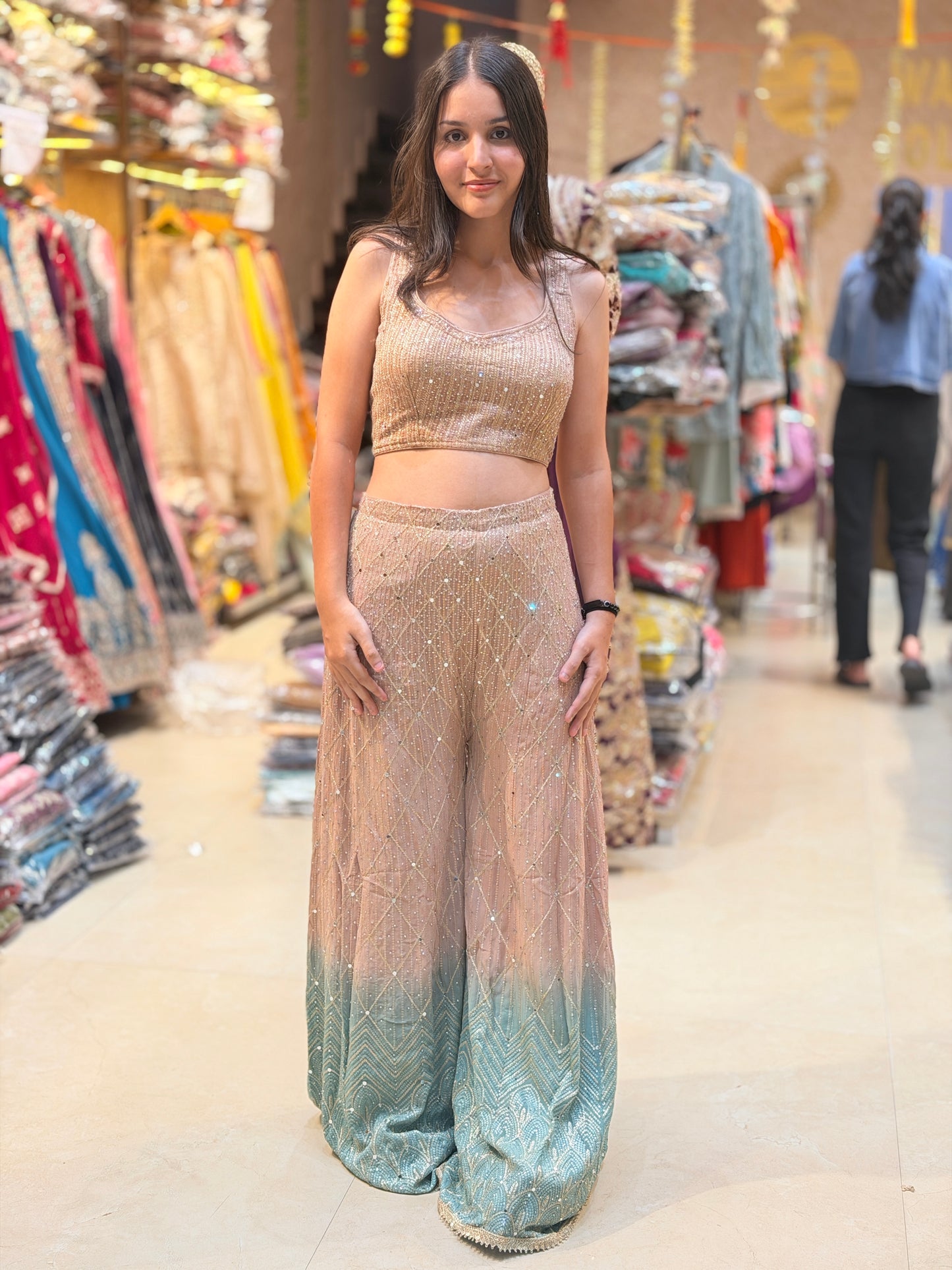 PARTY WEAR SHORT TOP SIPPI WORK WITH FULL FLAIR JAFFA