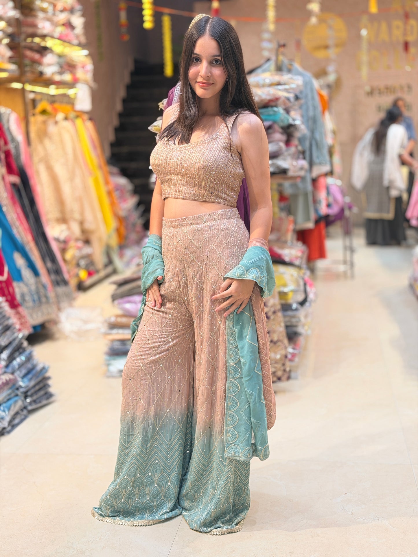 PARTY WEAR SHORT TOP SIPPI WORK WITH FULL FLAIR JAFFA