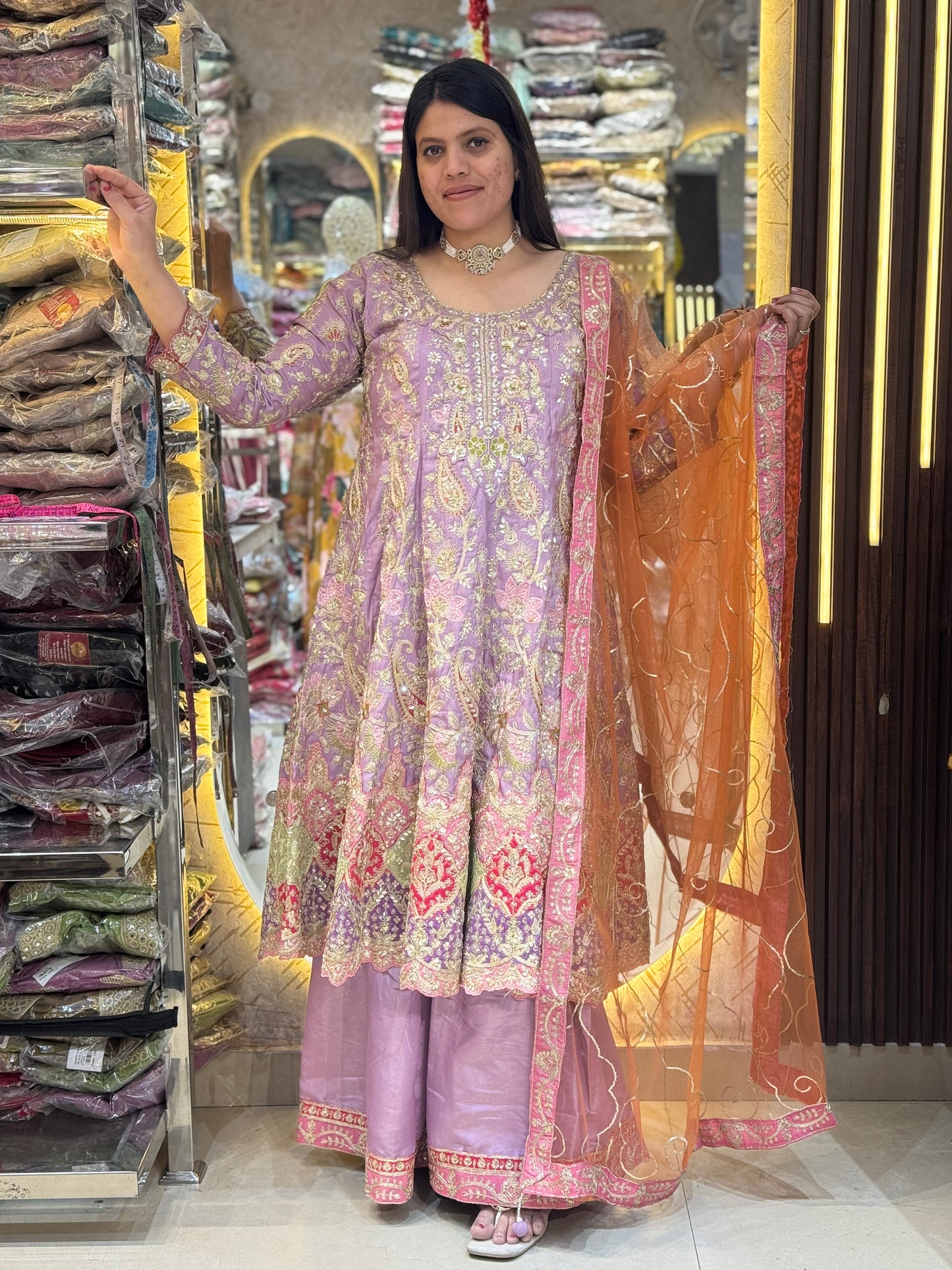 ROYAL BANARSI DESIGN PEARL AND TILLA WORK ANARKALI SHRARA SUIT