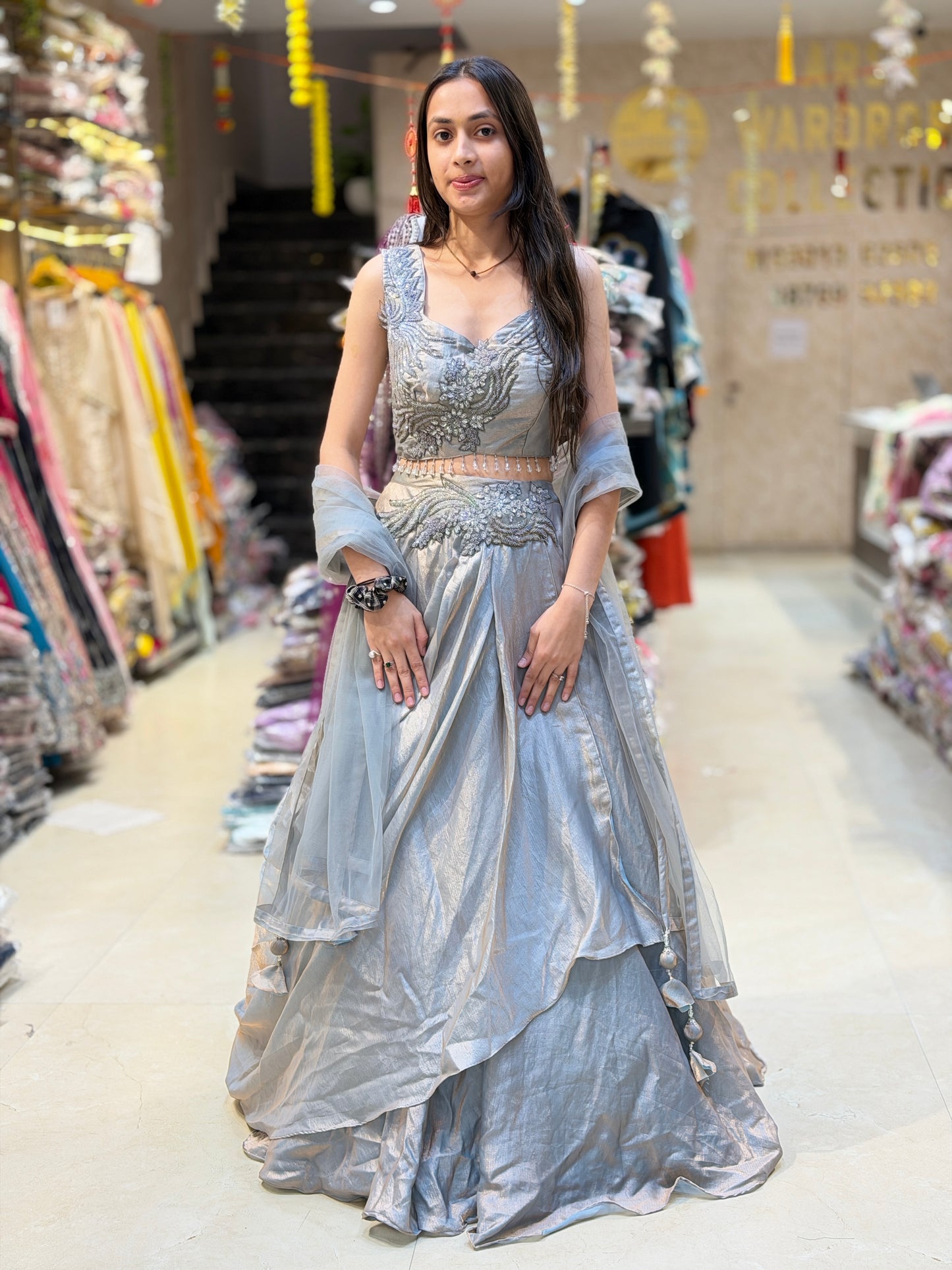 STEEL GREY PREMIUM BEAUTIFUL SHORT CHOLI WITH PERAL WORK FULL FLAIR LEHNGA