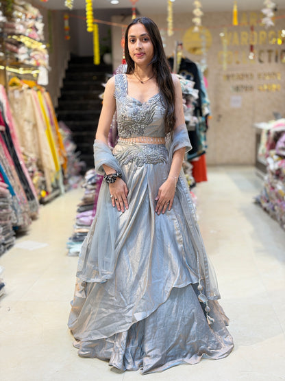 STEEL GREY PREMIUM BEAUTIFUL SHORT CHOLI WITH PERAL WORK FULL FLAIR LEHNGA
