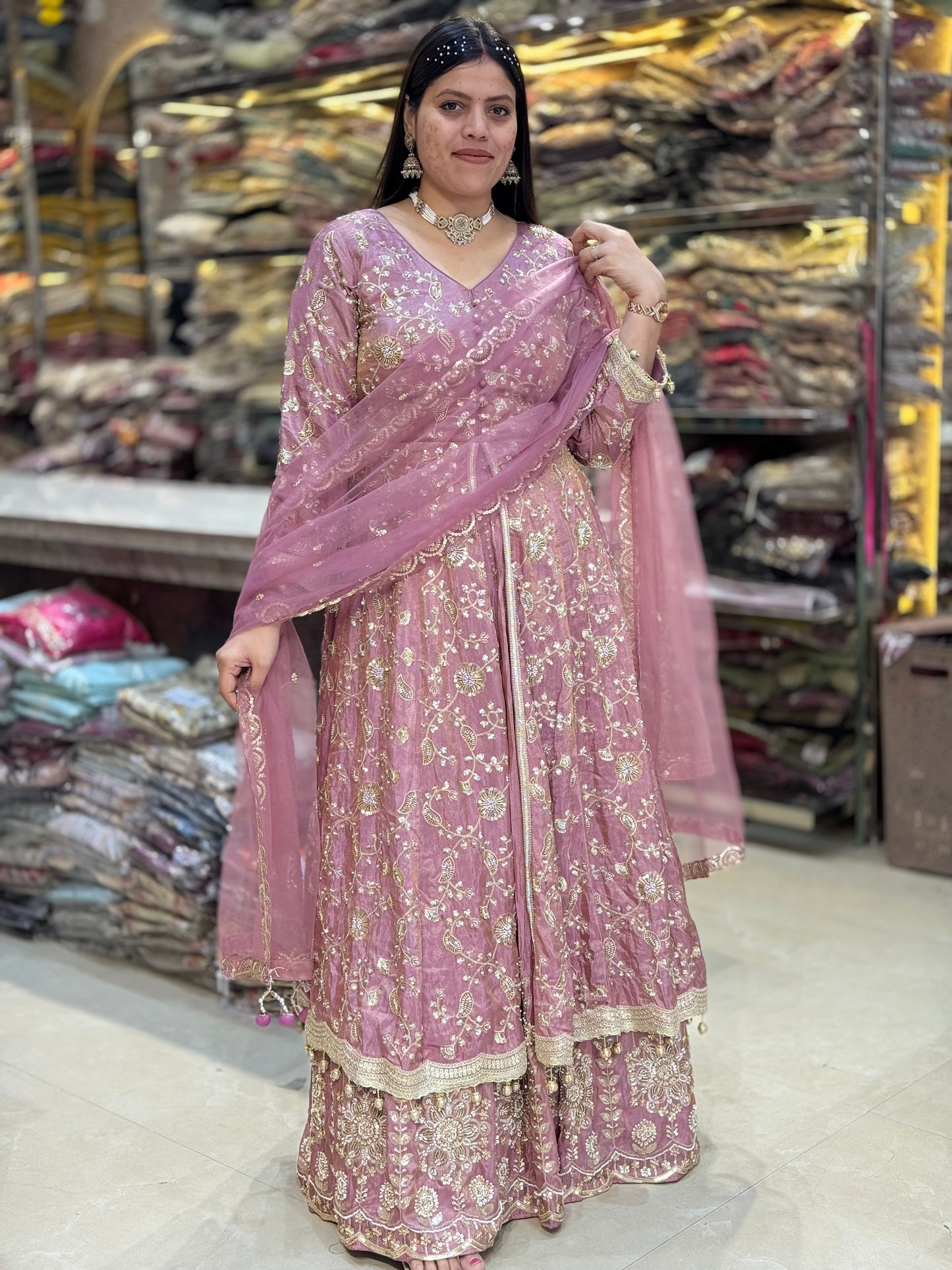 ONION PINK FUL PEARL AND MIRROR WORK FRONT CUT LEHENGA