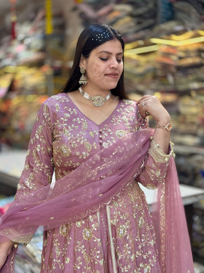 ONION PINK FUL PEARL AND MIRROR WORK FRONT CUT LEHENGA