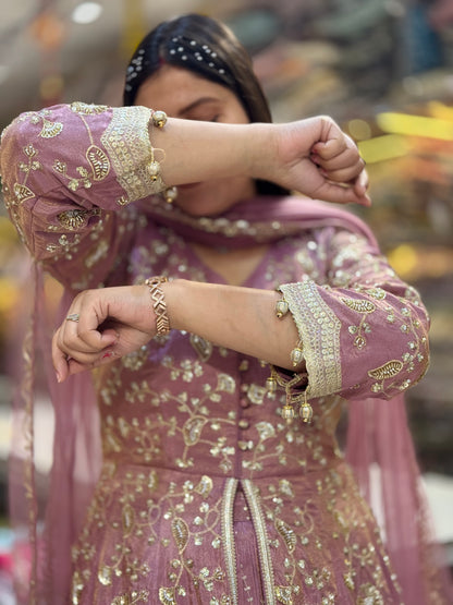 ONION PINK FUL PEARL AND MIRROR WORK FRONT CUT LEHENGA