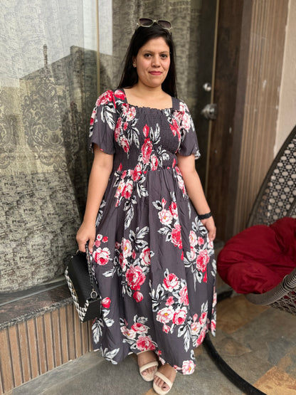Long Floral Rose Print Dress (Dress-002)