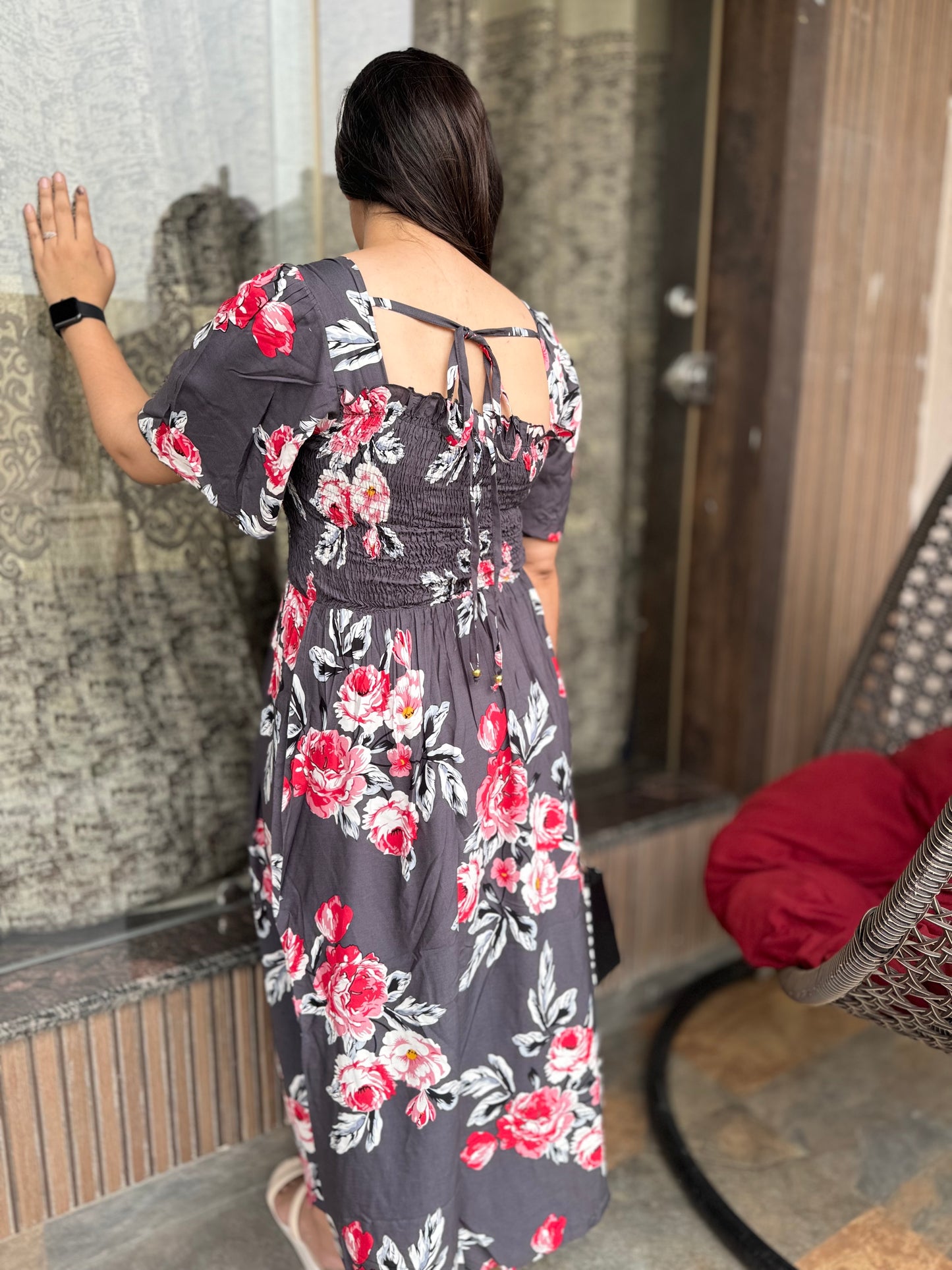 Long Floral Rose Print Dress (Dress-002)