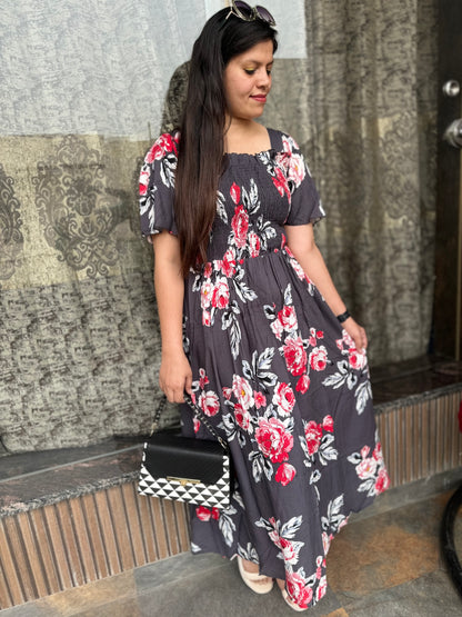 Long Floral Rose Print Dress (Dress-002)