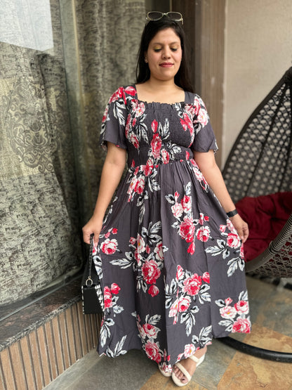 Long Floral Rose Print Dress (Dress-002)