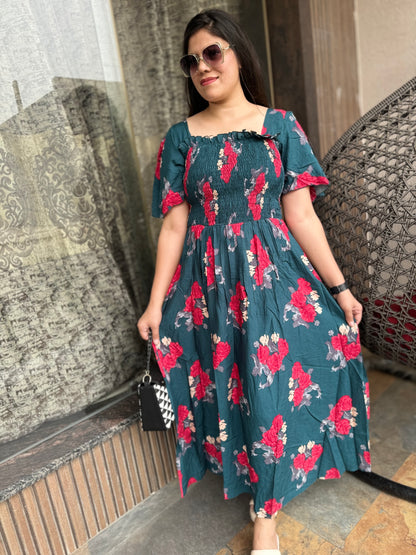 Long Floral Rose Print Dress (Dress-002)