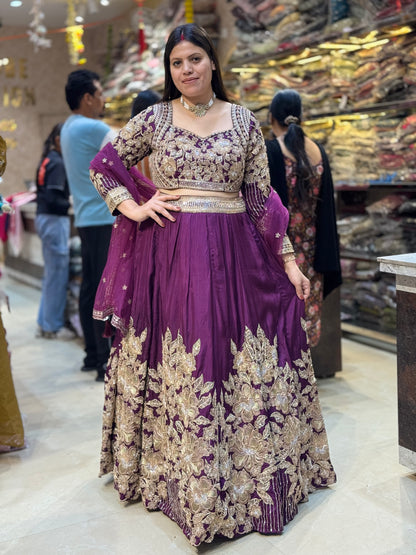 PURPLE GOLDEN SIPI WORK FULL FLAIR LEHENGA