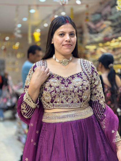 PURPLE GOLDEN SIPI WORK FULL FLAIR LEHENGA