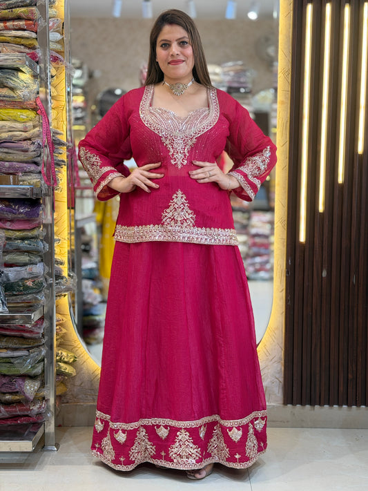 HOT PIINK HANDWORK BUSTIER DESIGN SALSA 4 PC LEHENGA