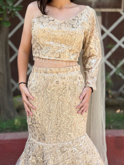 GOLDEN FISHCUT NETED WITH SIPI WORK SHORT TOP WITH SKIRT