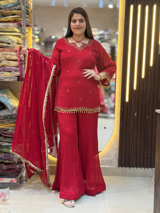 RED DESIGNER NECK PURE CHINON SUIT WITH JAFFA