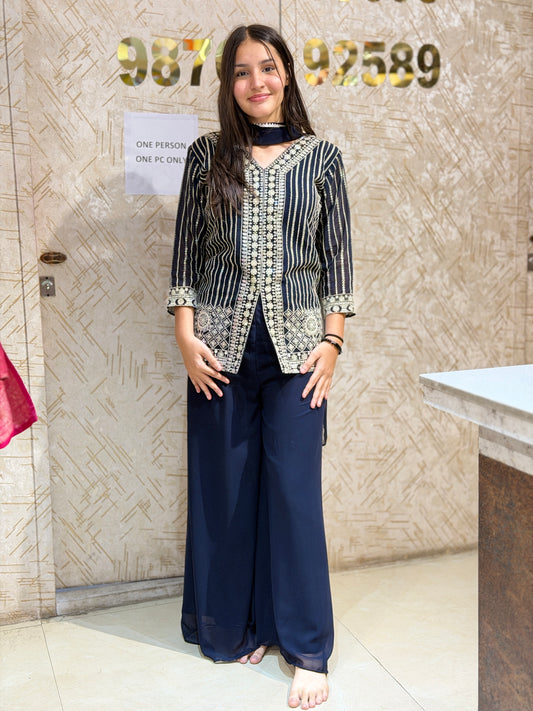 BLUE WITH SILVER DESIGN TILLA WORK PARTY WEAR JAFFA