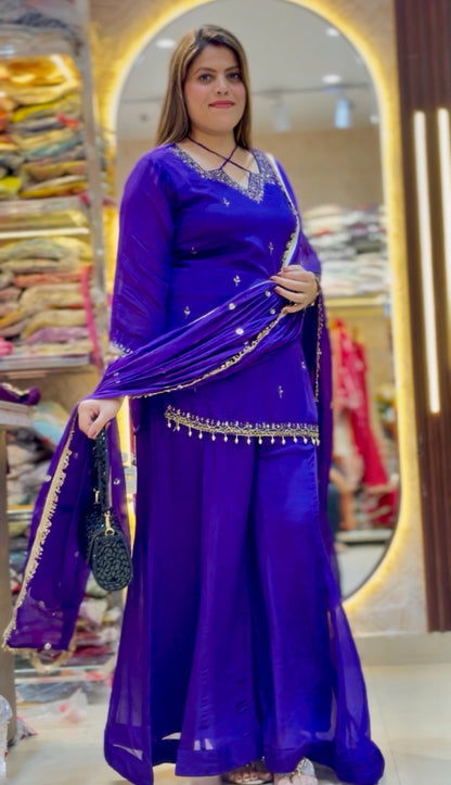 PURPLE DESIGNER NECK PURE CHINON SUIT WITH JAFFA