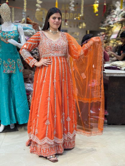 ORANGE FULL PEARL AND ORIGNAL PEARL WORK FULL PEMPLUM WITH LEHENGA