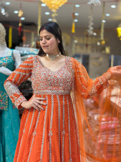 ORANGE FULL PEARL AND ORIGNAL PEARL WORK FULL PEMPLUM WITH LEHENGA