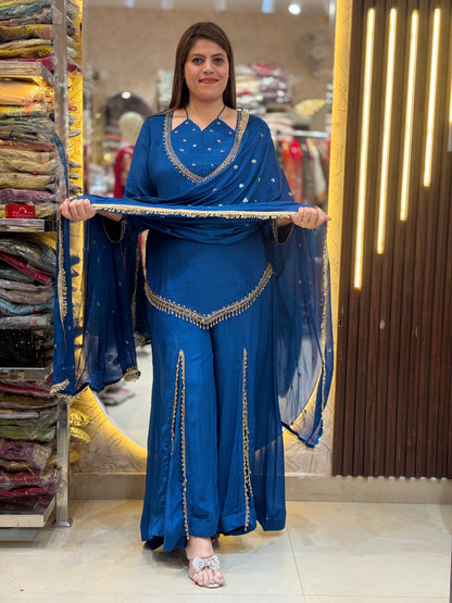 ROYAL BLUE NECK DESIGN WITH KASHMIRI PLAZZO