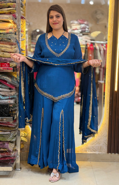 ROYAL BLUE NECK DESIGN WITH KASHMIRI PLAZZO