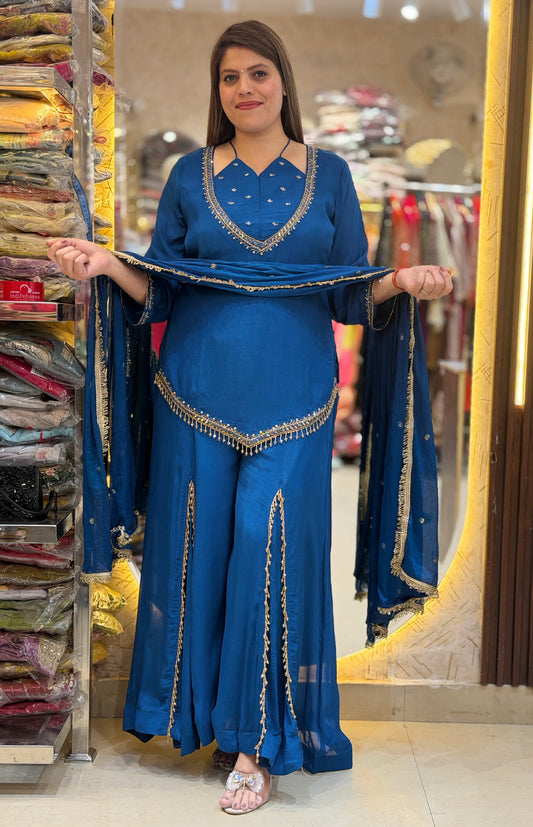 ROYAL BLUE NECK DESIGN WITH KASHMIRI PLAZZO