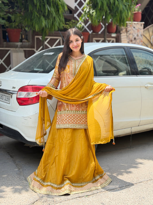 MUSTURD BANARSI NECK AND BORDER DESIGN WITH HEAVY LEHNGA