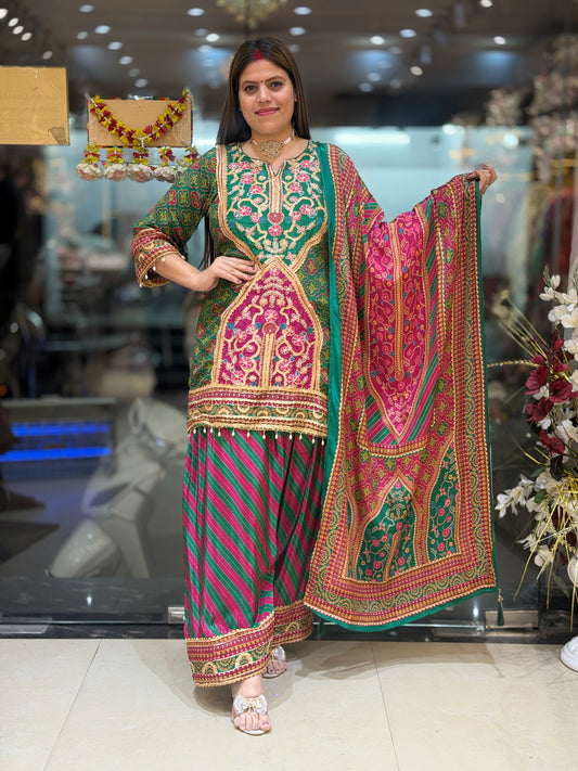 PURE CREPE GOTA PATTI WORK FARSHI SALWAR SUIT