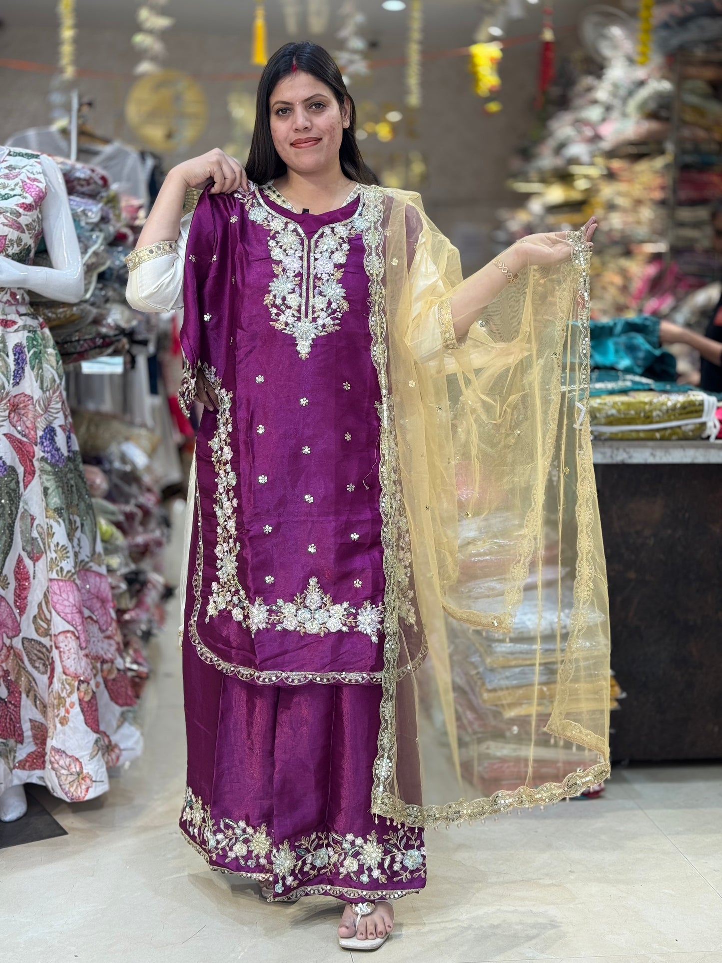 PARTY WEAR RUSHIAN SILK SILVER PERAL DESIGN PLAZO SUIT
