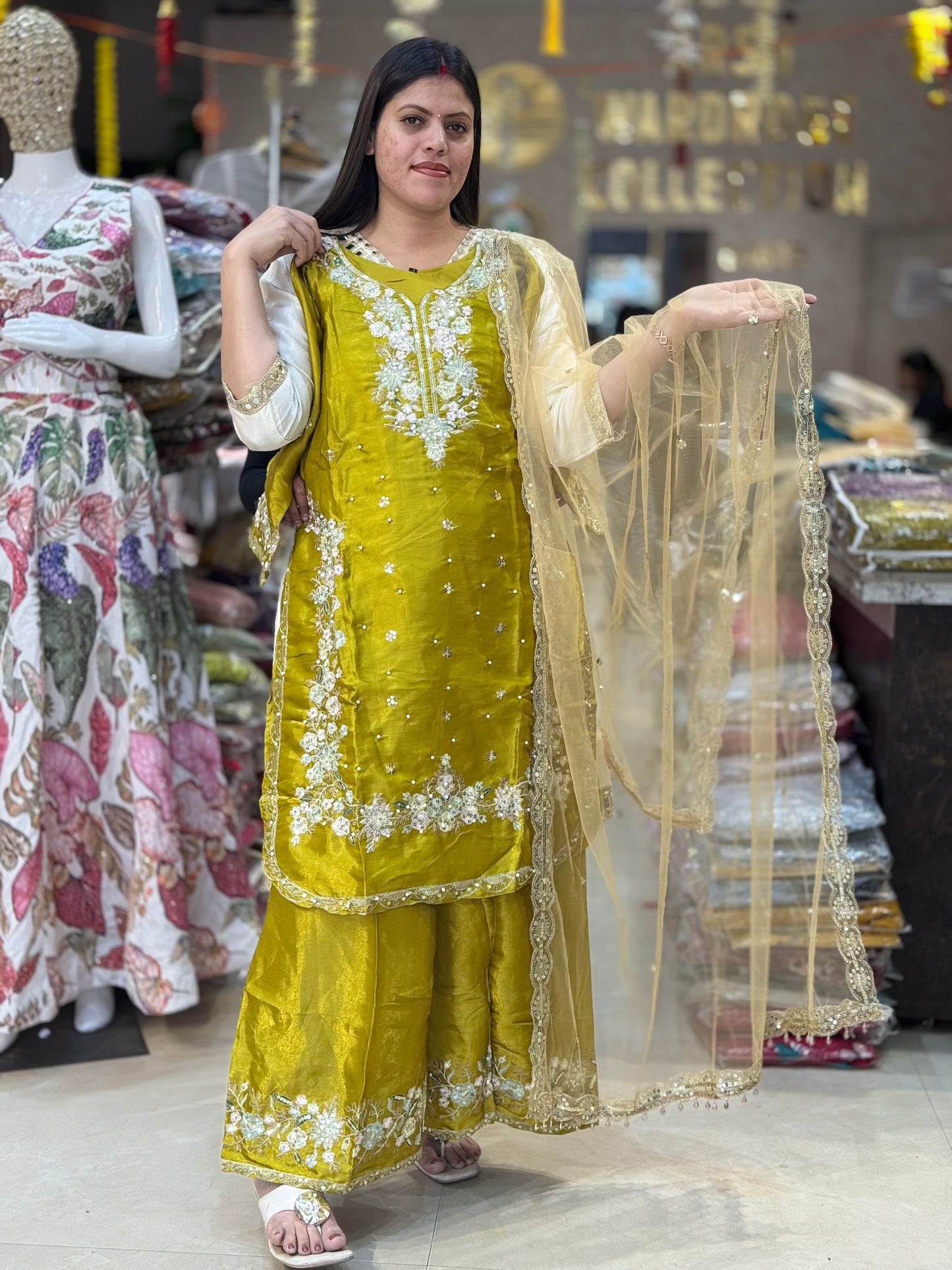 PARTY WEAR RUSHIAN SILK SILVER PERAL DESIGN PLAZO SUIT