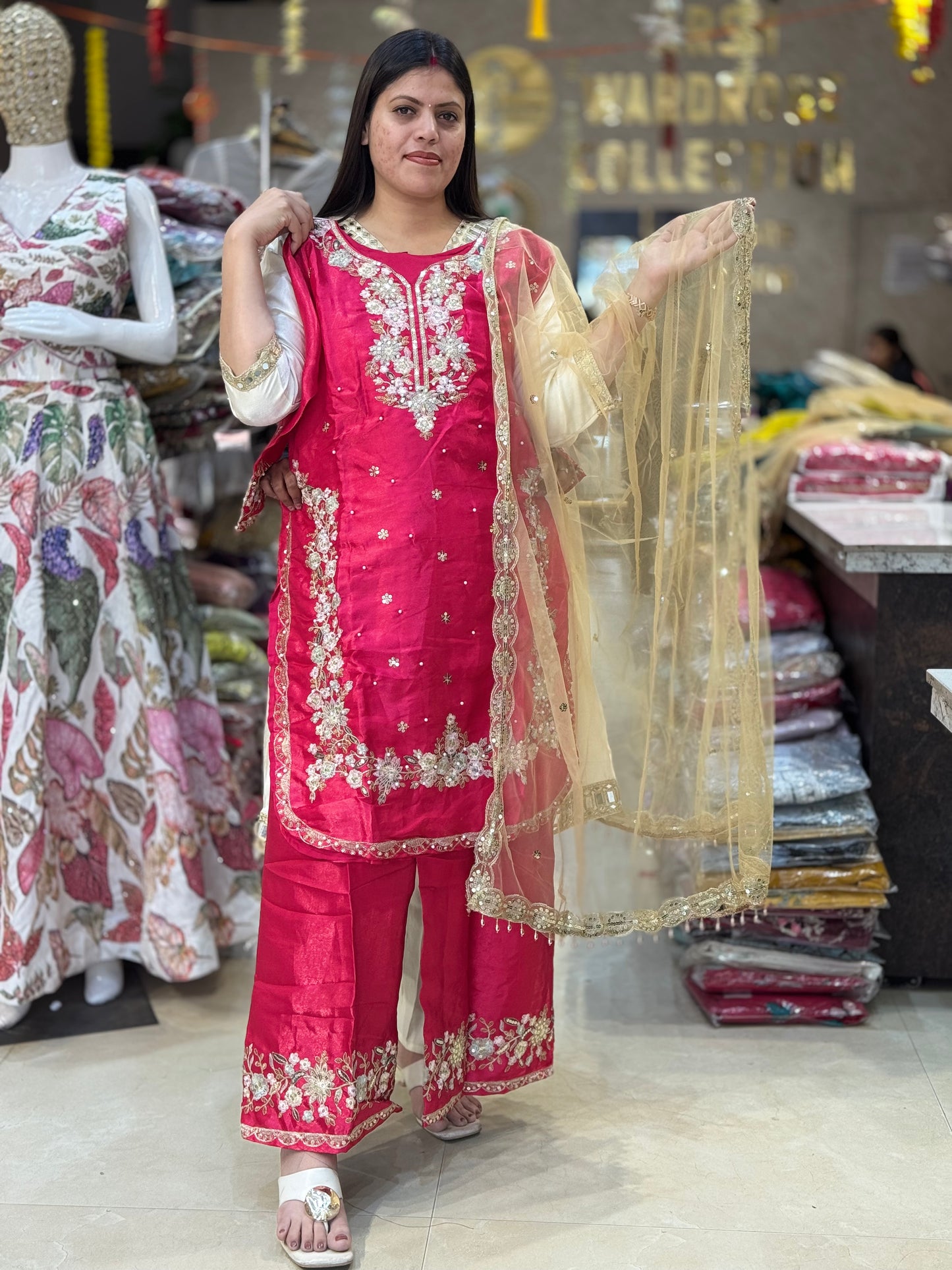 PARTY WEAR RUSHIAN SILK SILVER PERAL DESIGN PLAZO SUIT