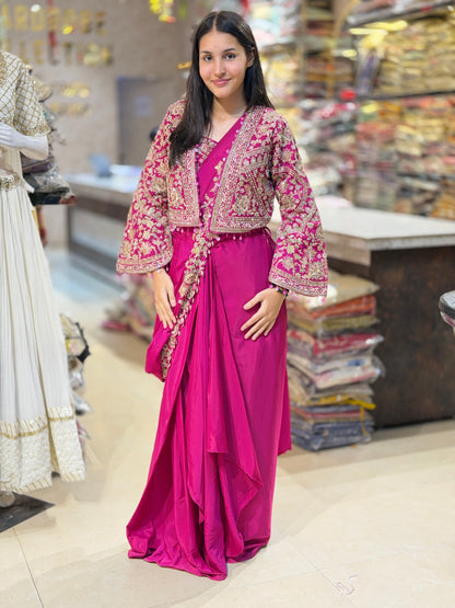FUCHSIA PINK DESINER SAREE JACKET SET WITH ORIGINAL MIRROR WORK/ZARI WORK/TILLA WORK/PEARL WORK