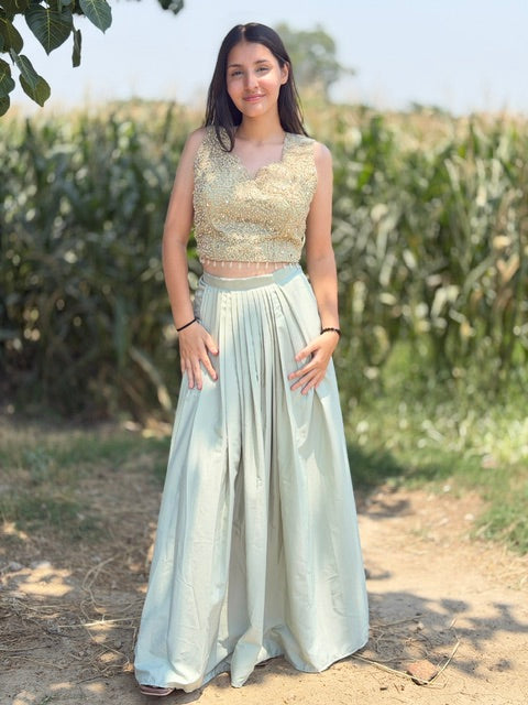 PREMIUM SILK SHORT TOP WITH BEAUTIFUL SHRUG DESIGNER SKIRT DRES