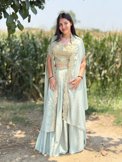PREMIUM SILK SHORT TOP WITH BEAUTIFUL SHRUG DESIGNER SKIRT DRES